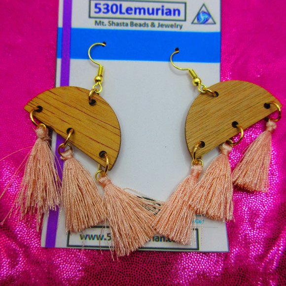 Pink Tassel Wood Earrings - Picture 3 of 3